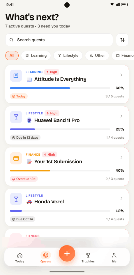 Strive Quests list — all active goals with progress