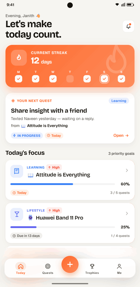 Strive Today screen — streak, next quest, and today's focus