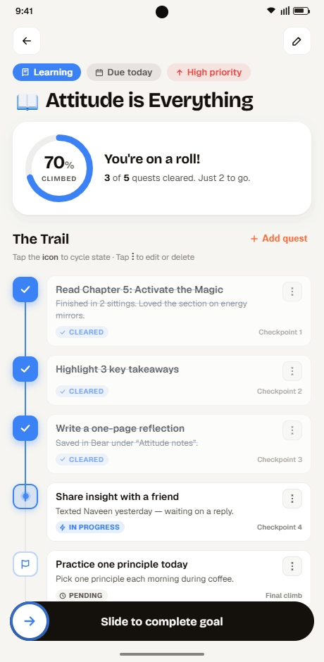Strive goal detail — the Trail of quests as checkpoints